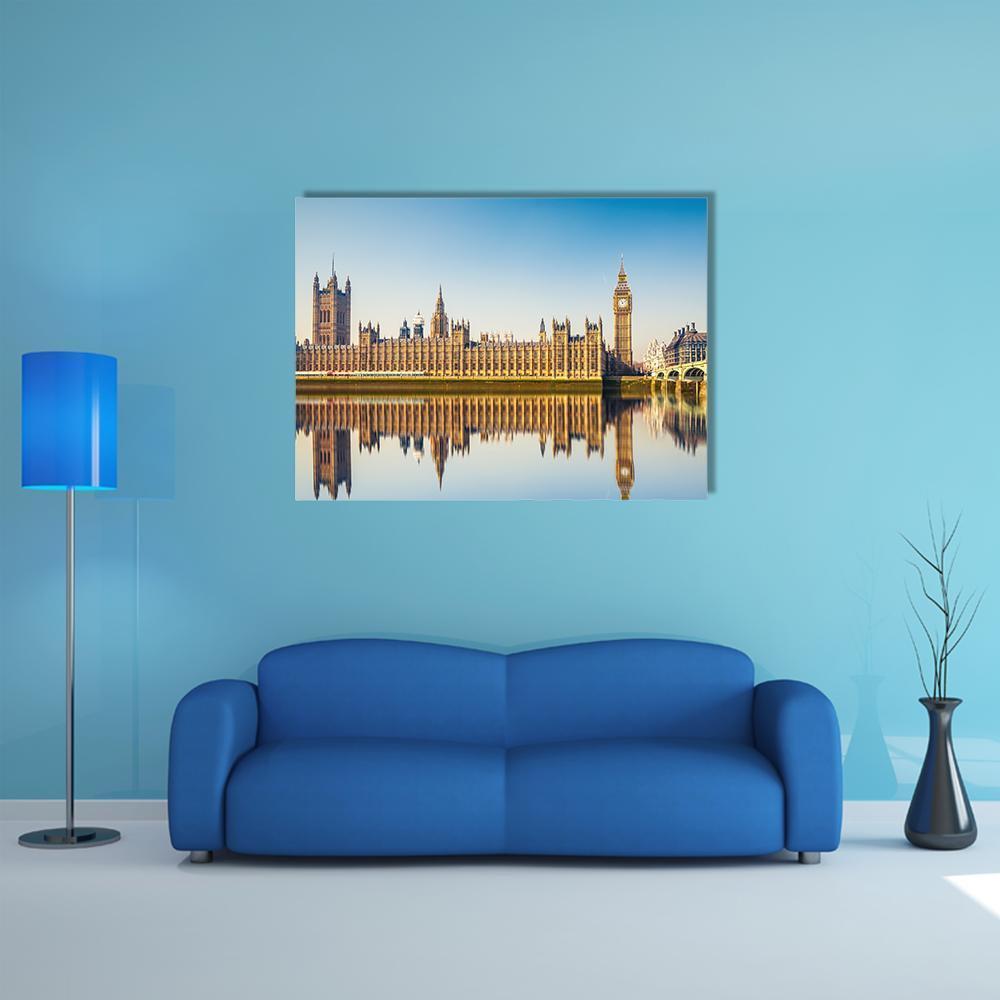 Palace of Westminster and Big Ben Canvas Wall Art in beige, gold and blue, single panel hung on a wall