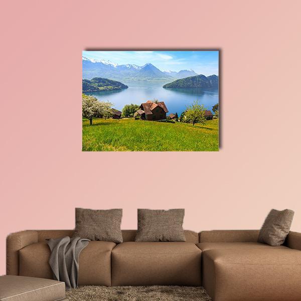 Houses On Mountain With Luzern Lake Canvas Wall Art-1 Piece-Gallery Wrap-48" x 32"-Tiaracle