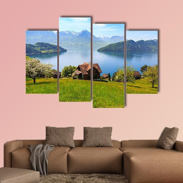 Houses On Mountain With Luzern Lake Canvas Wall Art-4 Pop-Gallery Wrap-50" x 32"-Tiaracle