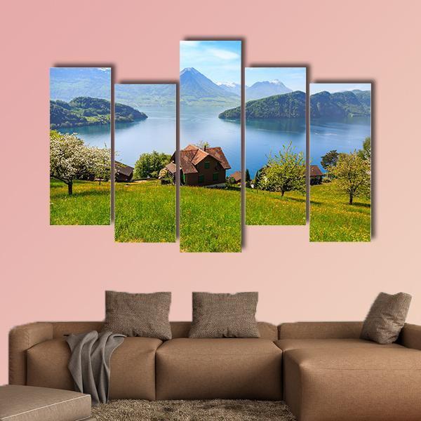 Houses On Mountain With Luzern Lake Canvas Wall Art-5 Pop-Gallery Wrap-47" x 32"-Tiaracle