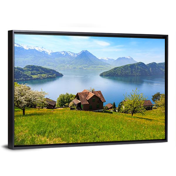 Houses On Mountain With Luzern Lake Canvas Wall Art-3 Horizontal-Gallery Wrap-25" x 16"-Tiaracle