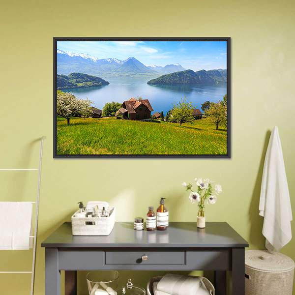 Houses On Mountain With Luzern Lake Canvas Wall Art-1 Piece-Floating Frame-24" x 16"-Tiaracle