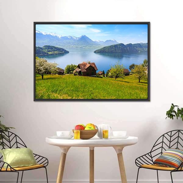 Houses On Mountain With Luzern Lake Canvas Wall Art-3 Horizontal-Gallery Wrap-25" x 16"-Tiaracle
