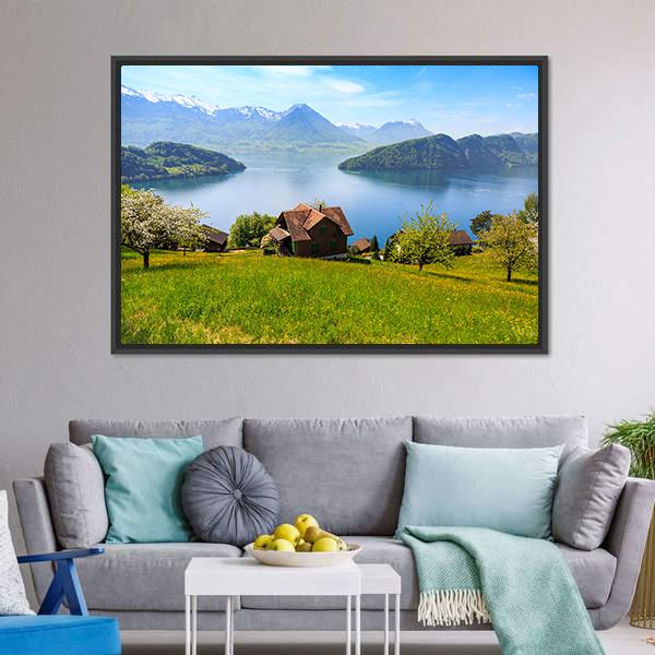 Houses On Mountain With Luzern Lake Canvas Wall Art-3 Horizontal-Gallery Wrap-25" x 16"-Tiaracle