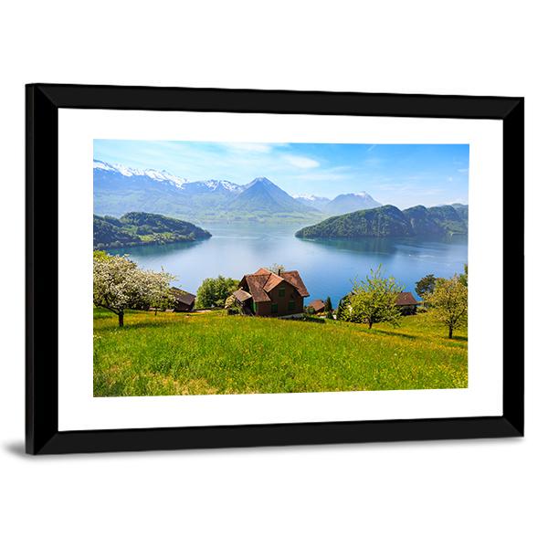 Houses On Mountain With Luzern Lake Canvas Wall Art-3 Horizontal-Gallery Wrap-25" x 16"-Tiaracle