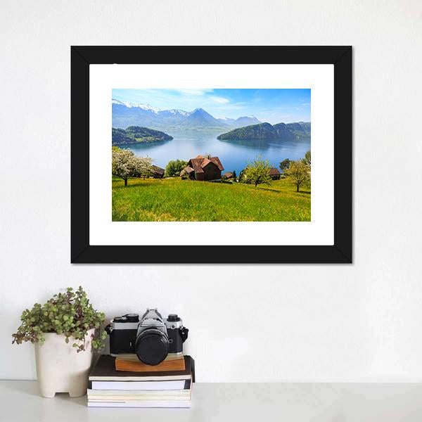 Houses On Mountain With Luzern Lake Canvas Wall Art-1 Piece-Framed Print-20" x 16"-Tiaracle
