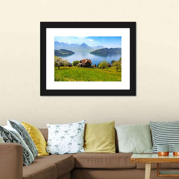 Houses On Mountain With Luzern Lake Canvas Wall Art-3 Horizontal-Gallery Wrap-25" x 16"-Tiaracle
