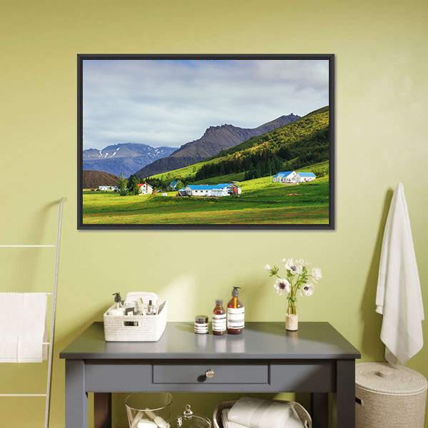 Houses On Mountains Canvas Wall Art-1 Piece-Floating Frame-24" x 16"-Tiaracle