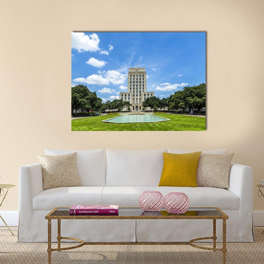 Houston City Hall Canvas Wall Art in white, green and blue, single panel hung on a wall