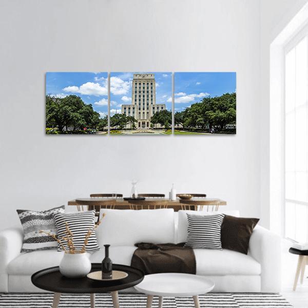 Houston City Hall Facade Panoramic Canvas Wall Art in white, green and blue, hung on a wall