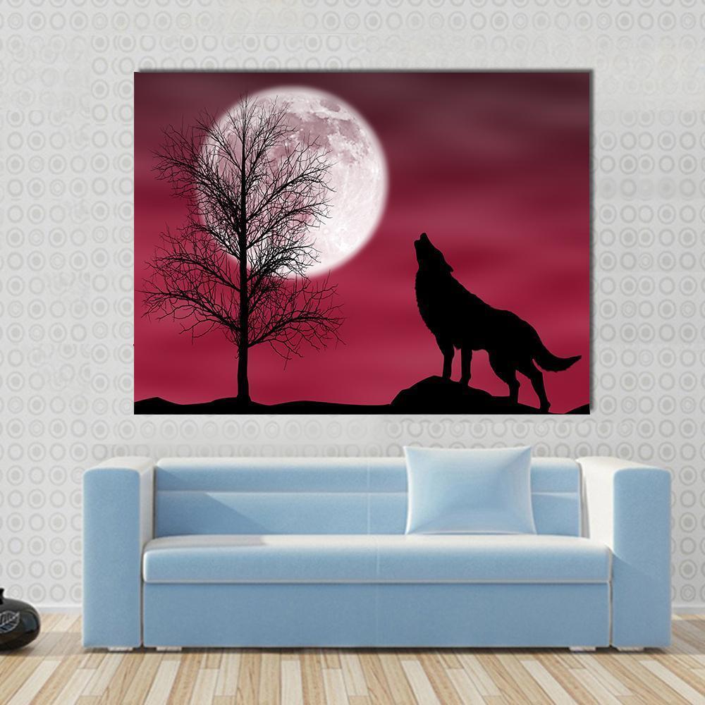 Howling Wolf at Full Moon Canvas Wall Art in black, white and red, single panel hung on a wall