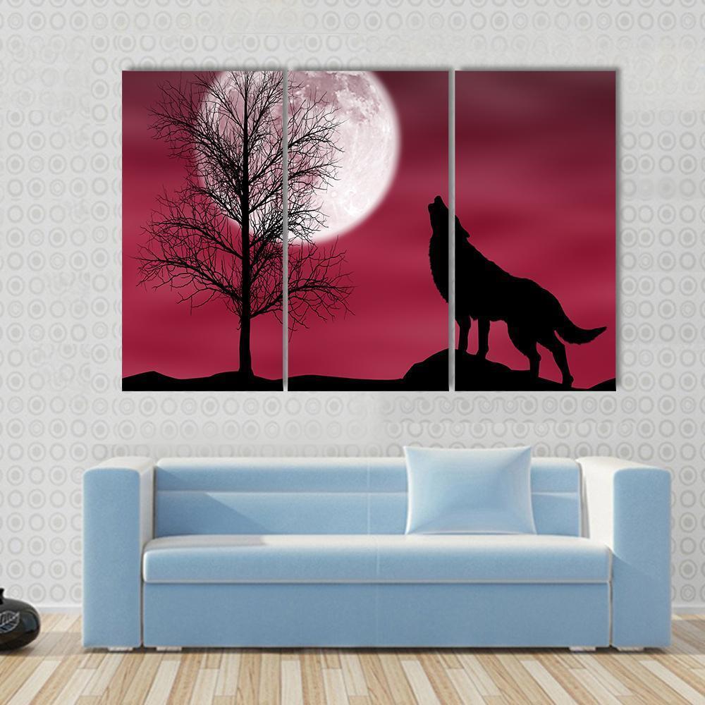 Howling Wolf At Moon Canvas Wall Art-3 Horizontal-Gallery Wrap-25" x 16"-Tiaracle