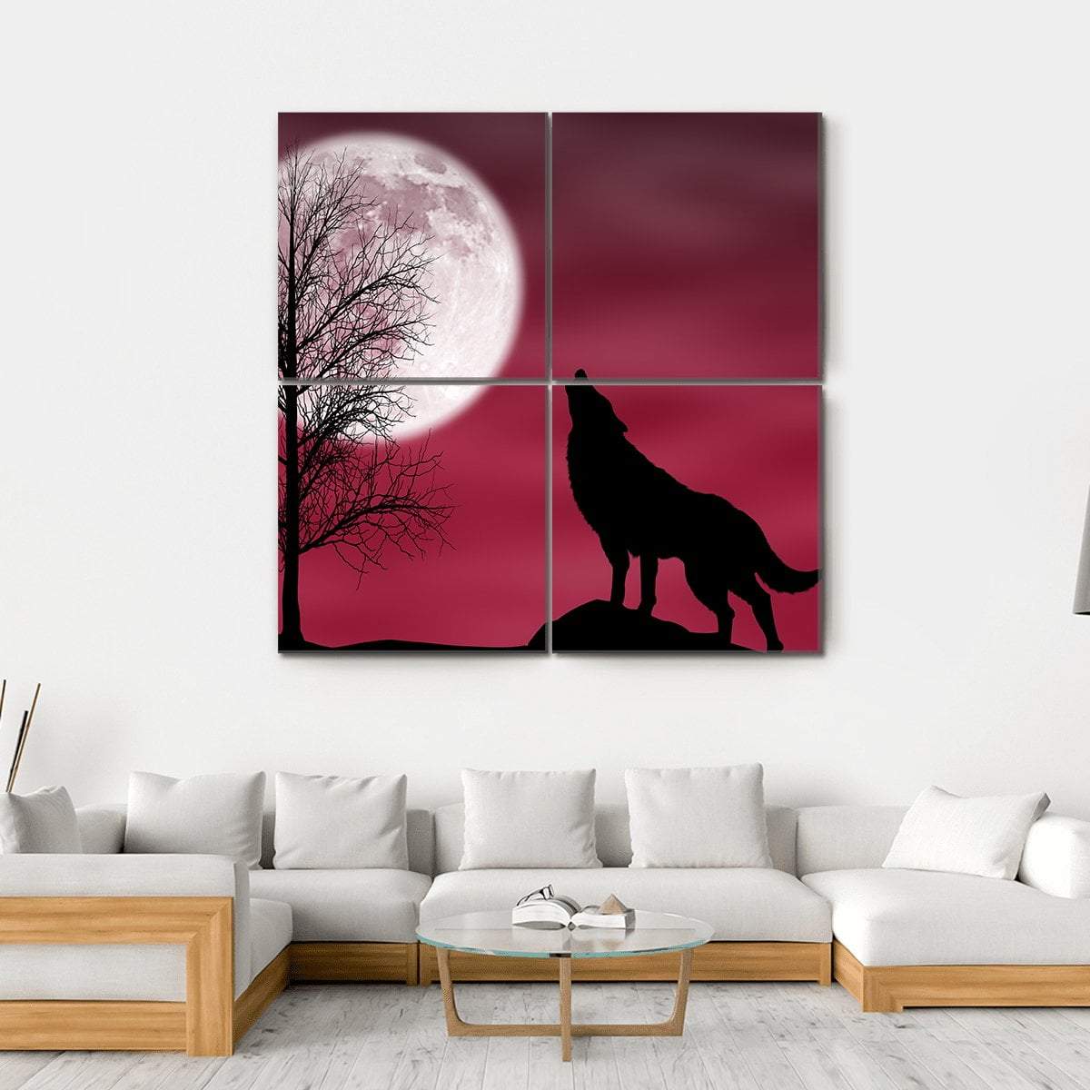 Howling Wolf At Moon Canvas Wall Art-4 Square-Gallery Wrap-17" x 17"-Tiaracle