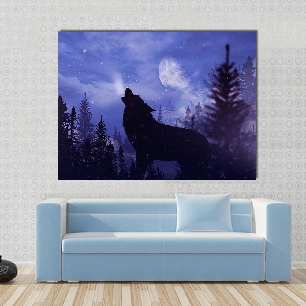 Howling Wolf in Moonlit Forest Canvas Wall Art in black, blue and purple, single panel hung on a wall
