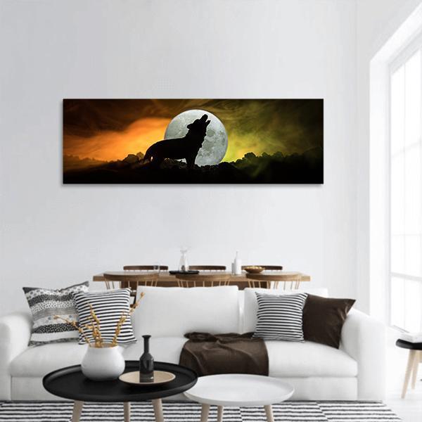 Silhouette Of Howling Wolf Panoramic Canvas Wall Art-3 Piece-25" x 08"-Tiaracle