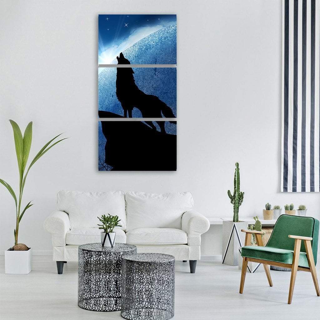 Howling Wolf At Night Vertical Canvas Wall Art-3 Vertical-Gallery Wrap-12" x 25"-Tiaracle