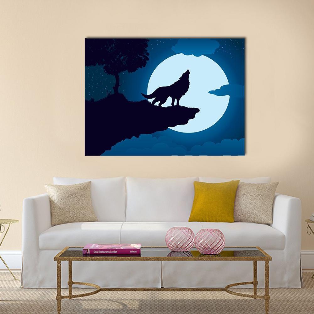 Howling Wolf Canvas Wall Art in black, white and blue, single panel hung on a wall