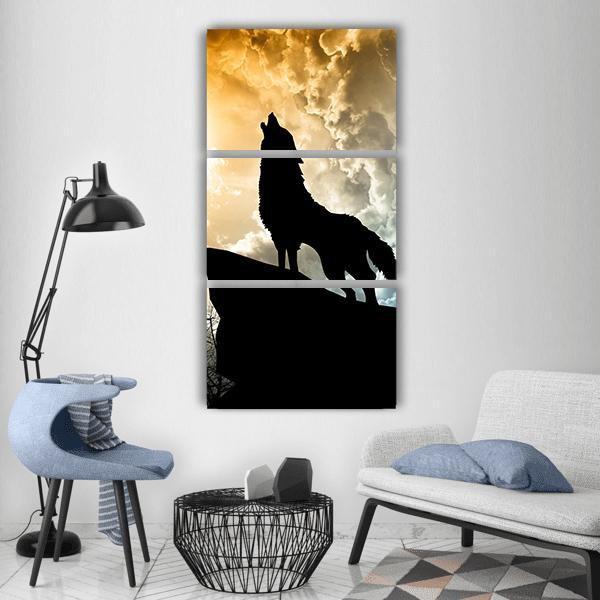 Silhouette Of Wolf Howling Vertical Canvas Wall Art-3 Vertical-Gallery Wrap-12" x 25"-Tiaracle