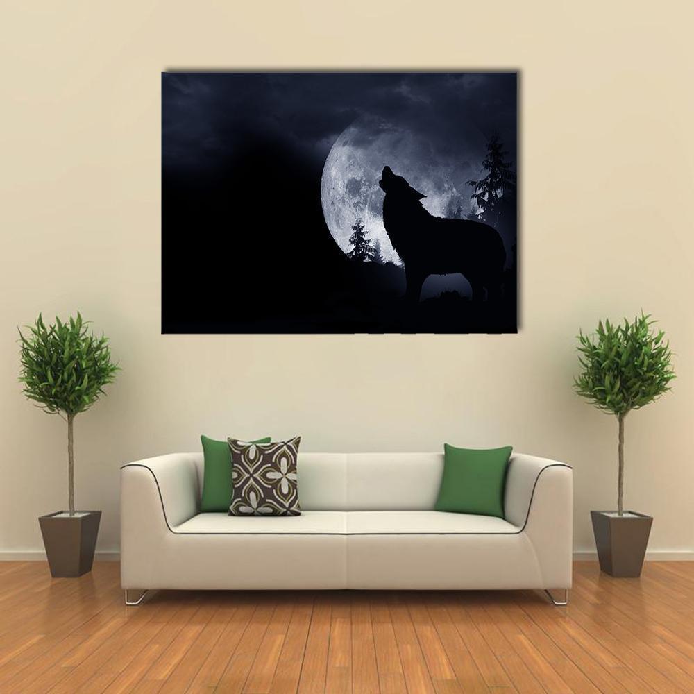 Howling Wolf with Full Moon Canvas Wall Art in black, gray and blue, single panel hung on a wall