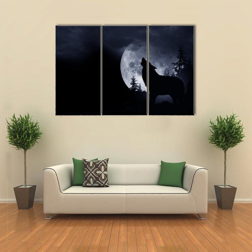 Howling Wolf With Full Moon Canvas Wall Art-3 Horizontal-Gallery Wrap-37&quot; x 24&quot;-Tiaracle