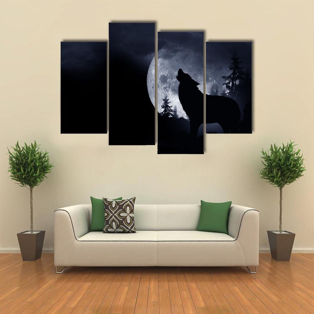 Howling Wolf With Full Moon Canvas Wall Art-4 Pop-Gallery Wrap-50&quot; x 32&quot;-Tiaracle