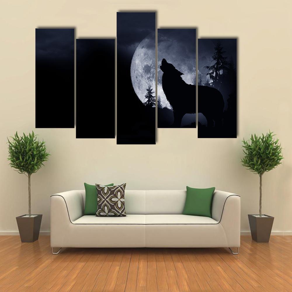 Howling Wolf With Full Moon Canvas Wall Art-5 Pop-Gallery Wrap-47&quot; x 32&quot;-Tiaracle