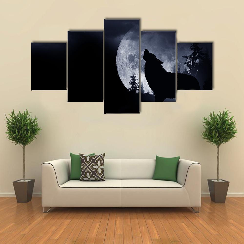 Howling Wolf With Full Moon Canvas Wall Art-5 Star-Gallery Wrap-62&quot; x 32&quot;-Tiaracle