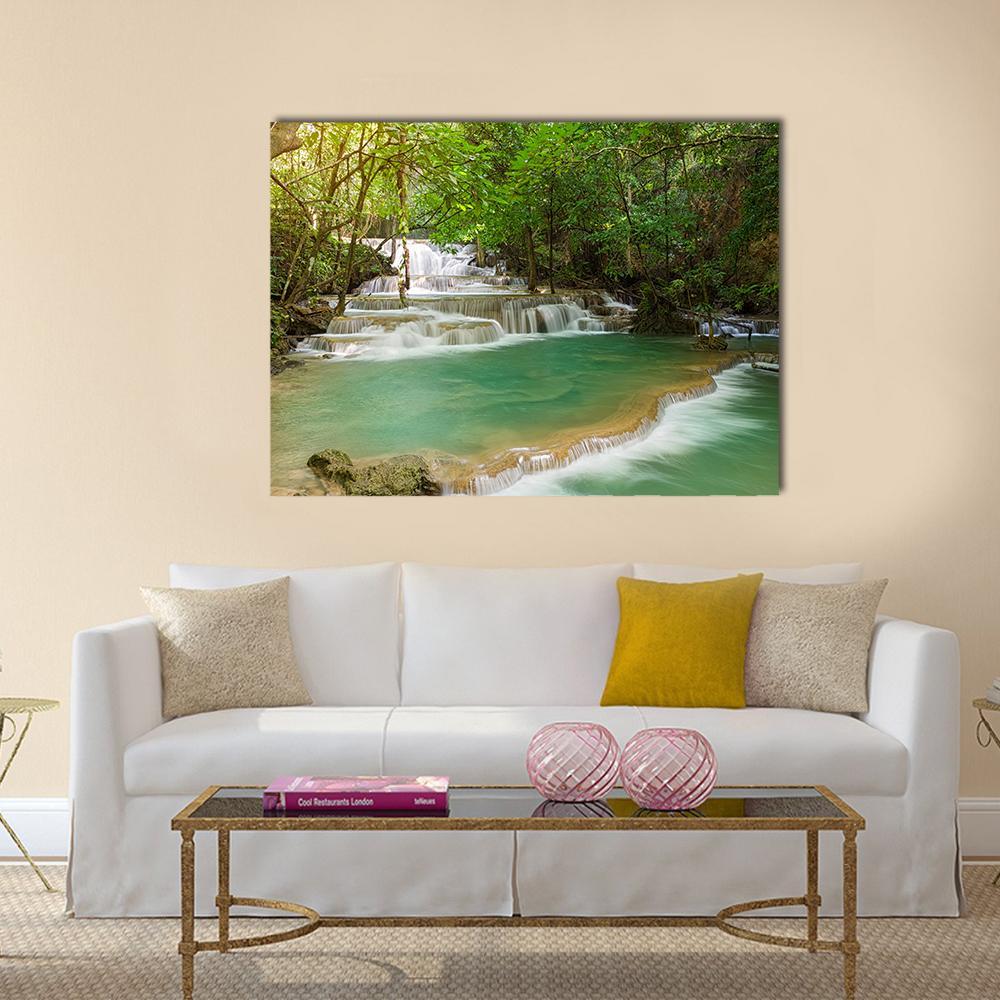 Huai Mae Kamin Tiered Waterfall Canvas Wall Art in white, brown and green, single panel hung on a wall