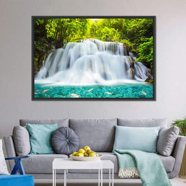 Huai Mae Kamin Waterfall In Kanchanaburi Canvas Wall Art-3 Horizontal-Gallery Wrap-25" x 16"-Tiaracle