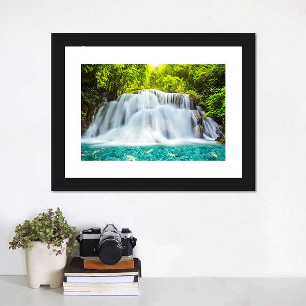 Huai Mae Kamin Waterfall In Kanchanaburi Canvas Wall Art-1 Piece-Framed Print-20" x 16"-Tiaracle