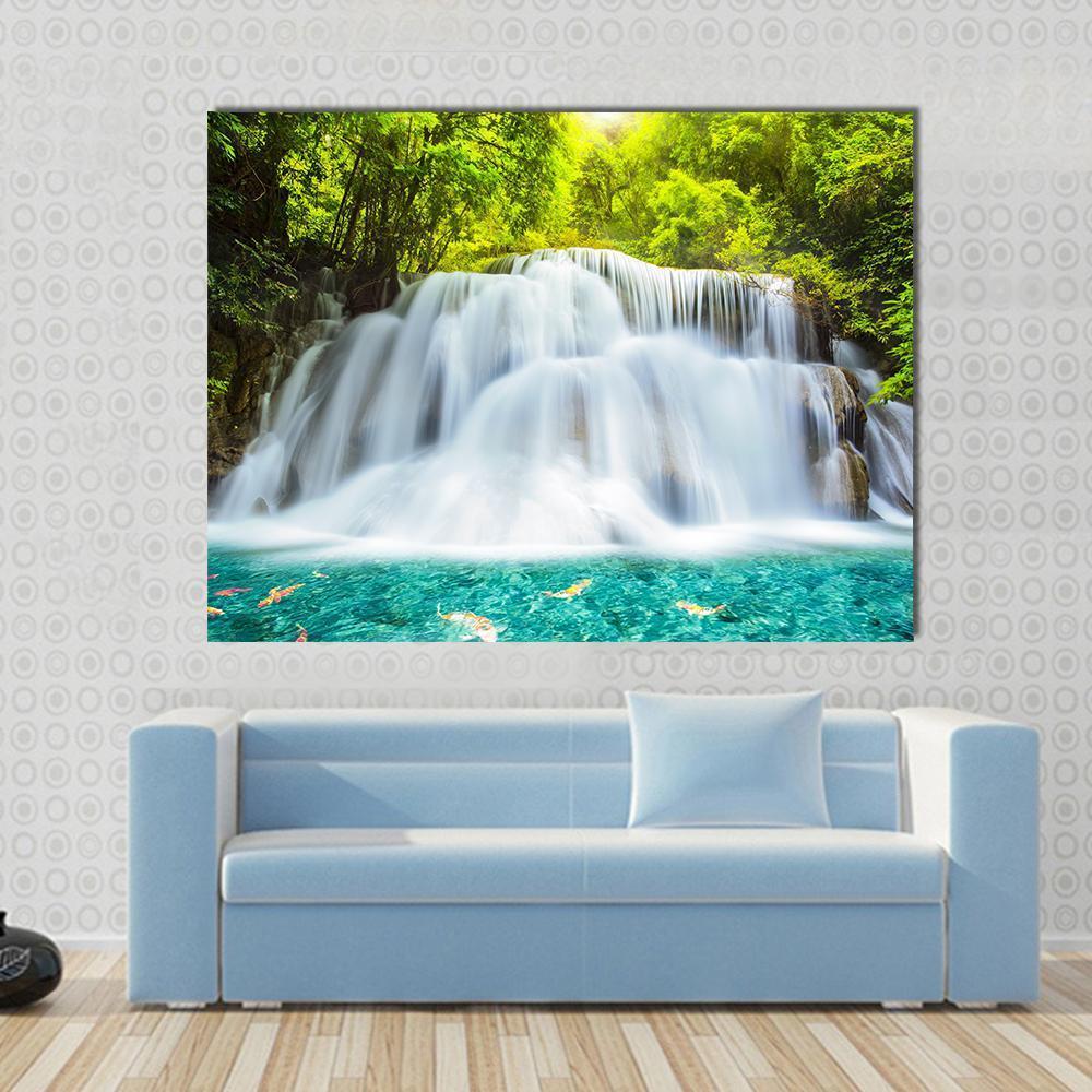 Huai Mae Kamin Waterfall in Kanchanaburi Canvas Wall Art in white, green and blue, single panel hung on a wall