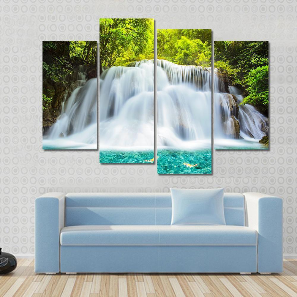 Huai Mae Kamin Waterfall In Kanchanaburi Canvas Wall Art-4 Pop-Gallery Wrap-50" x 32"-Tiaracle