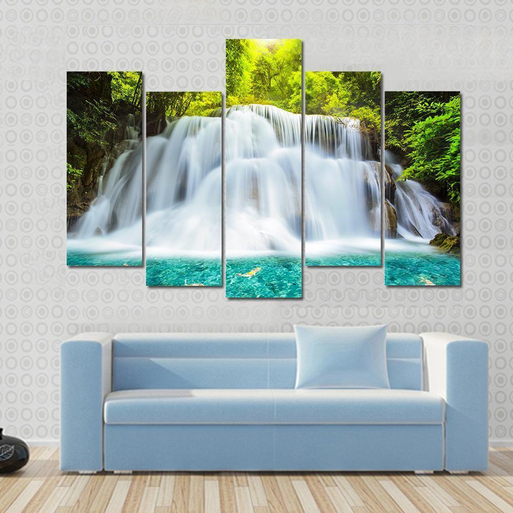 Huai Mae Kamin Waterfall In Kanchanaburi Canvas Wall Art-5 Pop-Gallery Wrap-47" x 32"-Tiaracle