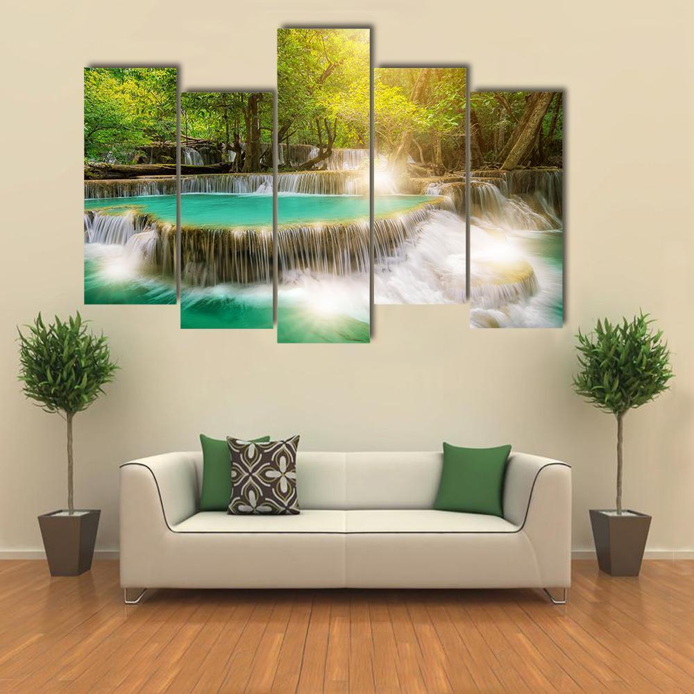Huai Mae Kamin Waterfall Thailand Canvas Wall Art-5 Pop-Gallery Wrap-47" x 32"-Tiaracle