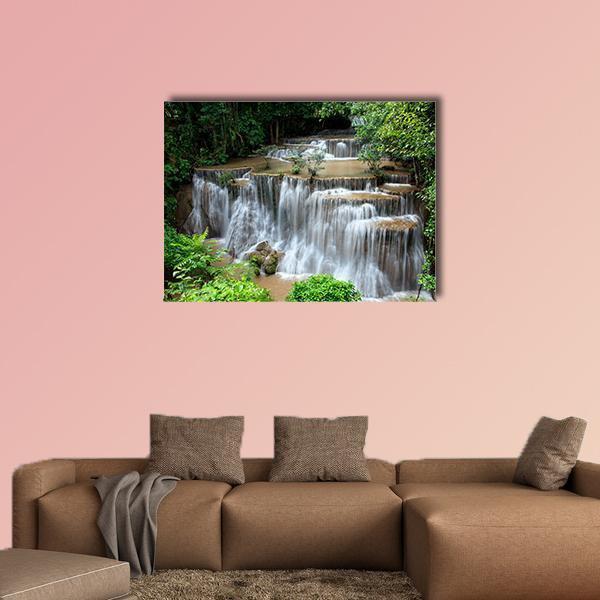 Huai Mae Khamin Waterfalls Canvas Wall Art in white, brown and green, single panel hung on a wall