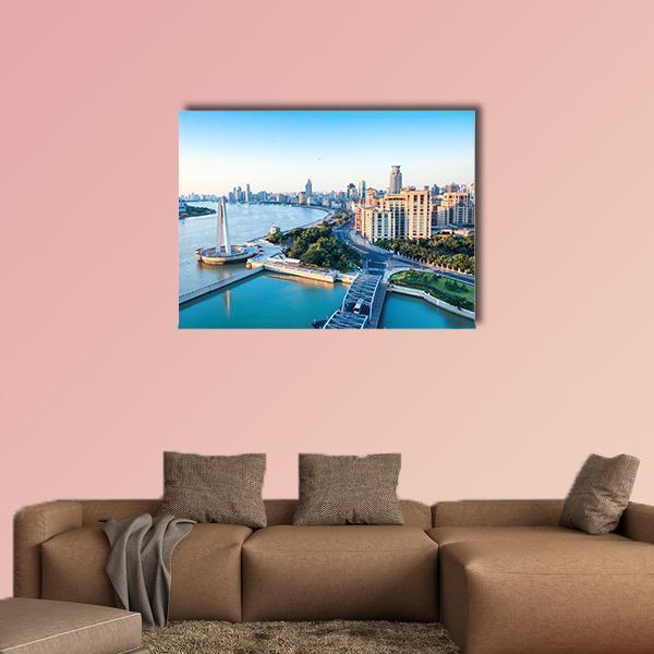 Huangpu River City Skyline Canvas Wall Art in white, beige and blue, single panel hung on a wall