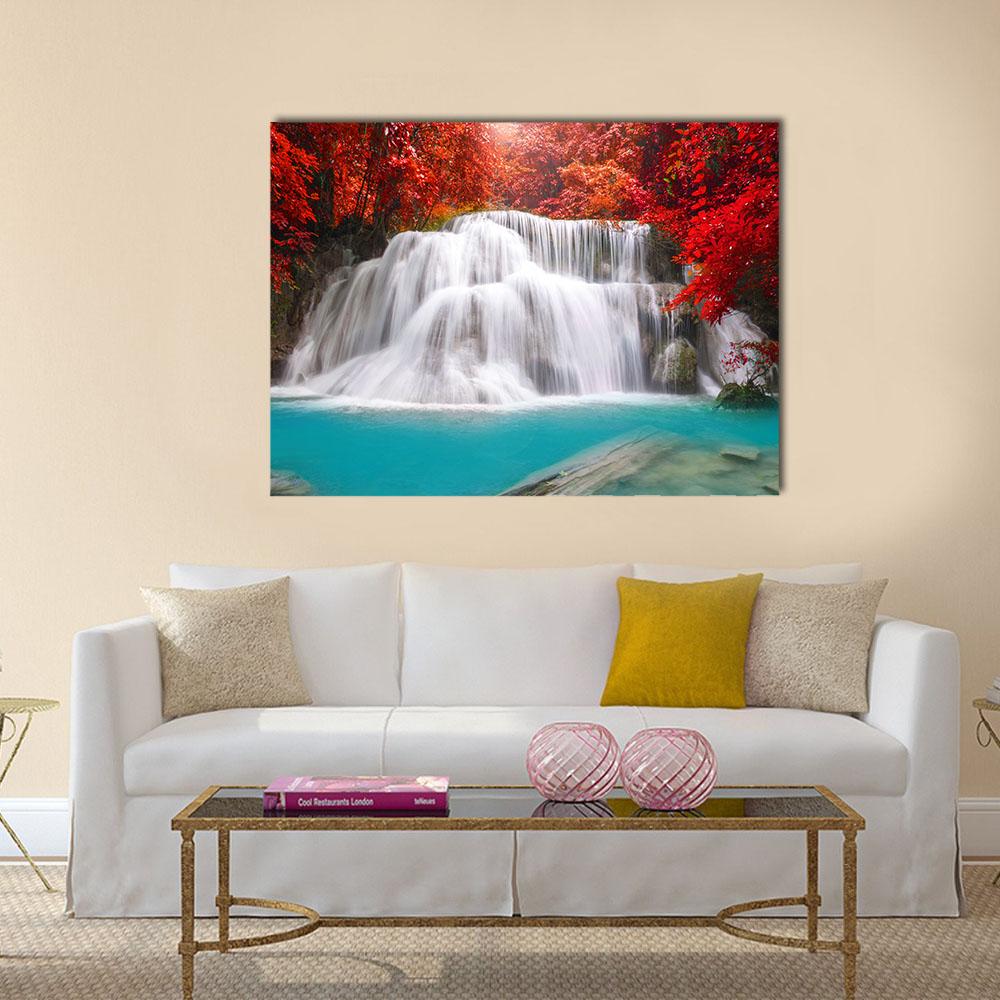 Huay Mae Kamin Waterfall in Kanchanaburi Canvas Wall Art in white, red and blue, single panel hung on a wall
