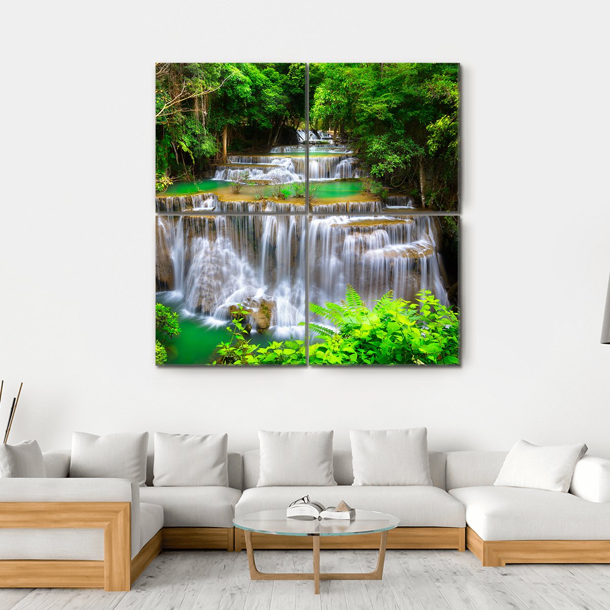 Huay Mae Kamin Waterfall In Kanchanaburi Thailand Canvas Wall Art-4 Square-Gallery Wrap-17" x 17"-Tiaracle