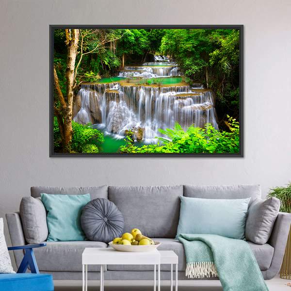 Huay Mae Kamin Waterfall In Kanchanaburi Thailand Canvas Wall Art-3 Horizontal-Gallery Wrap-25" x 16"-Tiaracle