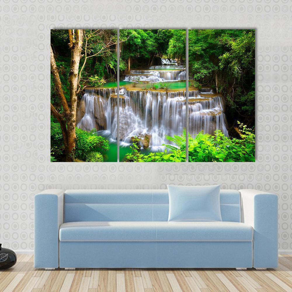 Huay Mae Kamin Waterfall In Kanchanaburi Thailand Canvas Wall Art-3 Horizontal-Gallery Wrap-37" x 24"-Tiaracle