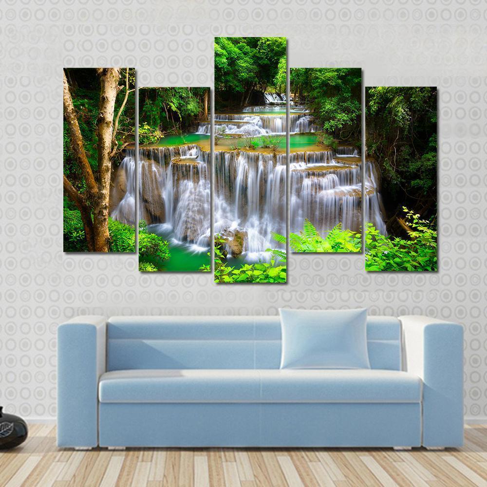 Huay Mae Kamin Waterfall In Kanchanaburi Thailand Canvas Wall Art-5 Pop-Gallery Wrap-47" x 32"-Tiaracle