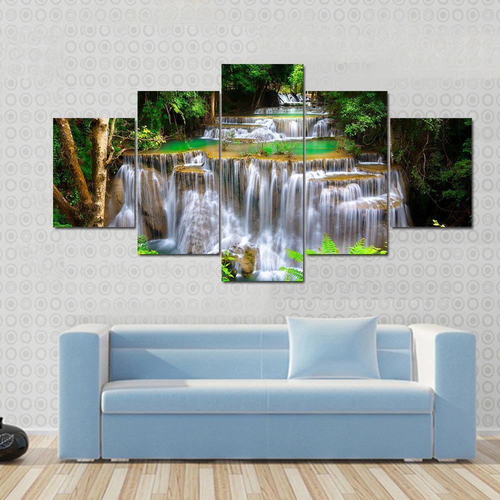 Huay Mae Kamin Waterfall In Kanchanaburi Thailand Canvas Wall Art-5 Pop-Gallery Wrap-47" x 32"-Tiaracle