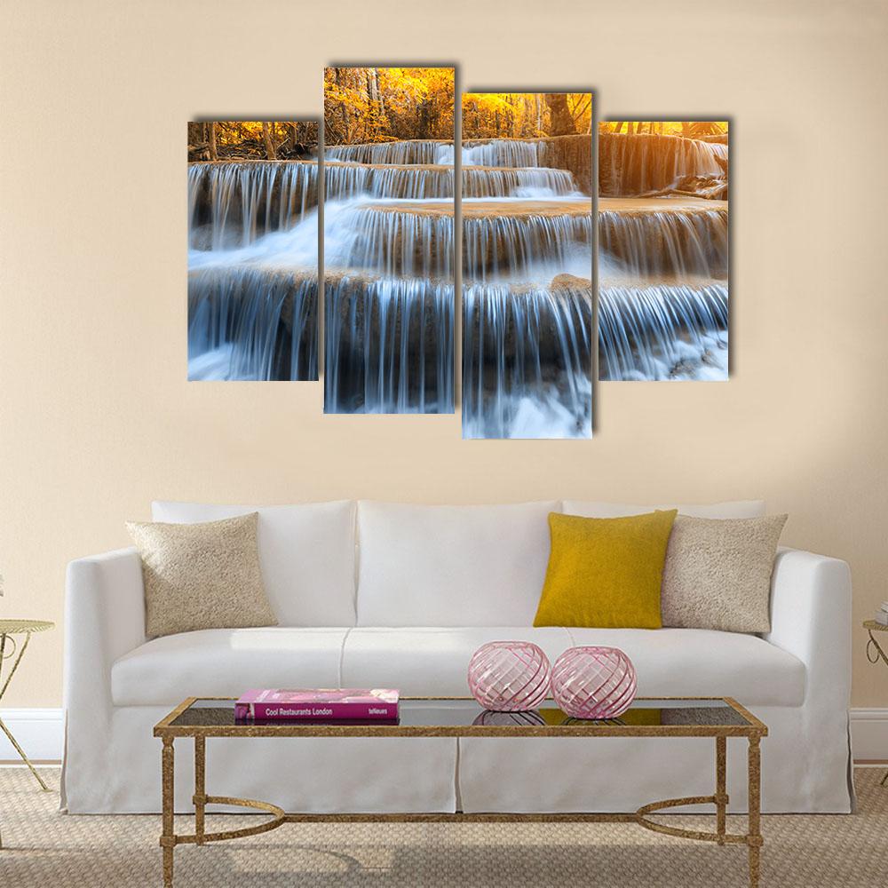 Waterfall In Yellow Forest Canvas Wall Art-4 Pop-Gallery Wrap-34" x 20"-Tiaracle