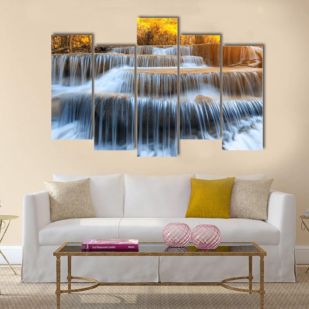 Waterfall In Yellow Forest Canvas Wall Art-5 Pop-Gallery Wrap-32" x 21"-Tiaracle