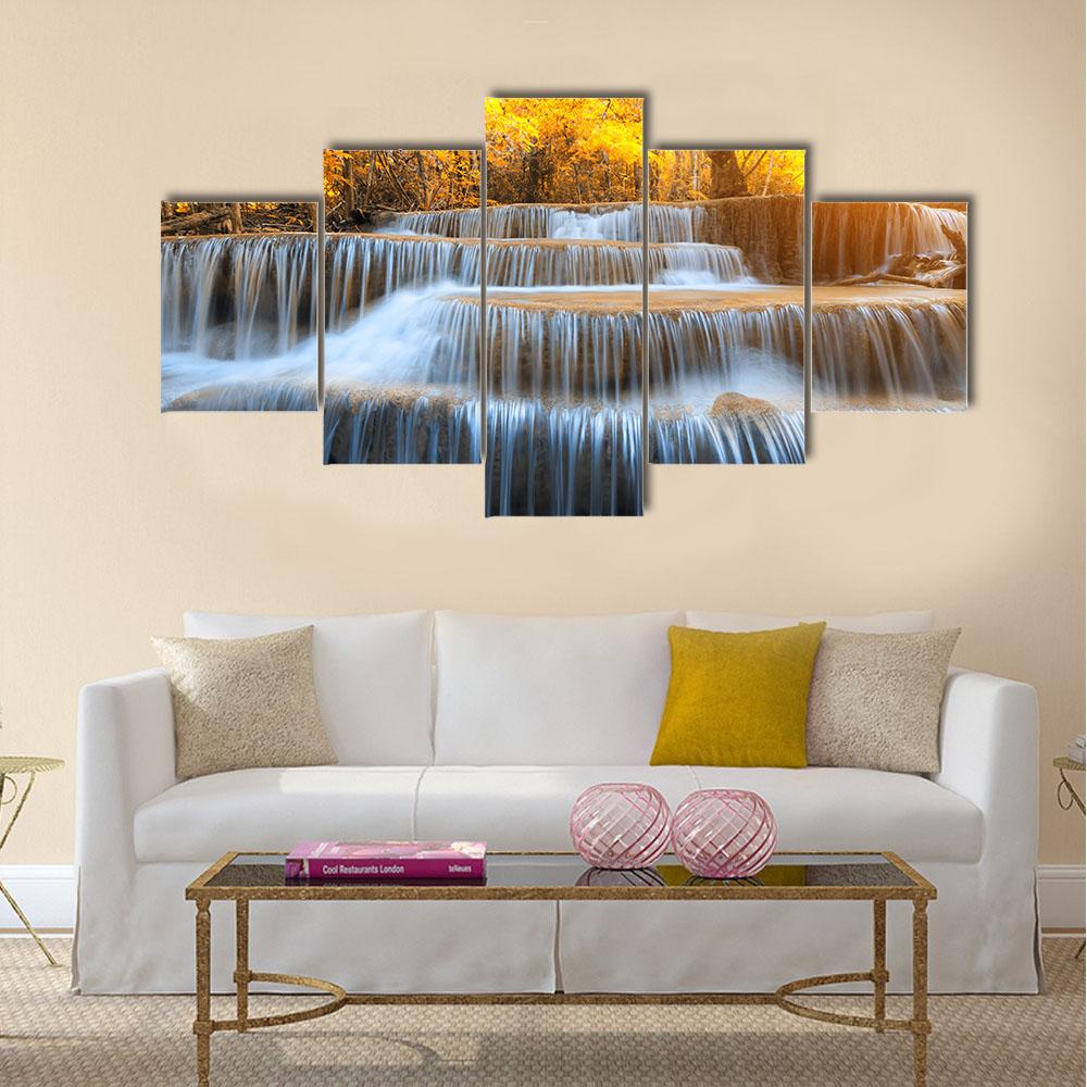 Waterfall In Yellow Forest Canvas Wall Art-5 Star-Gallery Wrap-42" x 21"-Tiaracle