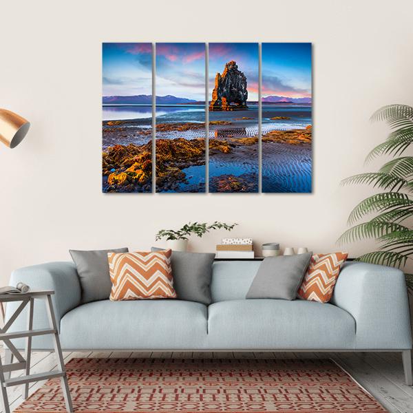 Huge Basalt Stack Hvitserkur Canvas Wall Art-4 Horizontal-Gallery Wrap-34" x 24"-Tiaracle