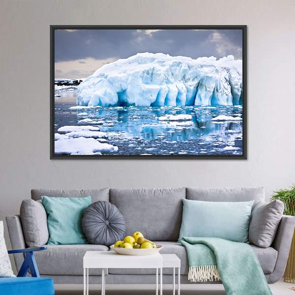 Huge Iceberg in Antarctica Canvas Wall Art in white, gray and blue, framed canvas, product view on a white background