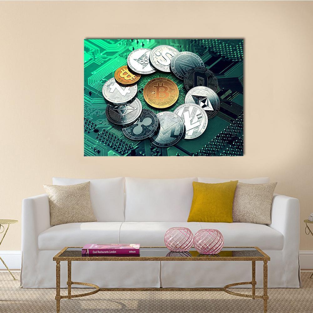 Bitcoin and Cryptocurrency Coins on Circuit Board Canvas Wall Art in gold, silver and green, single panel hung on a wall