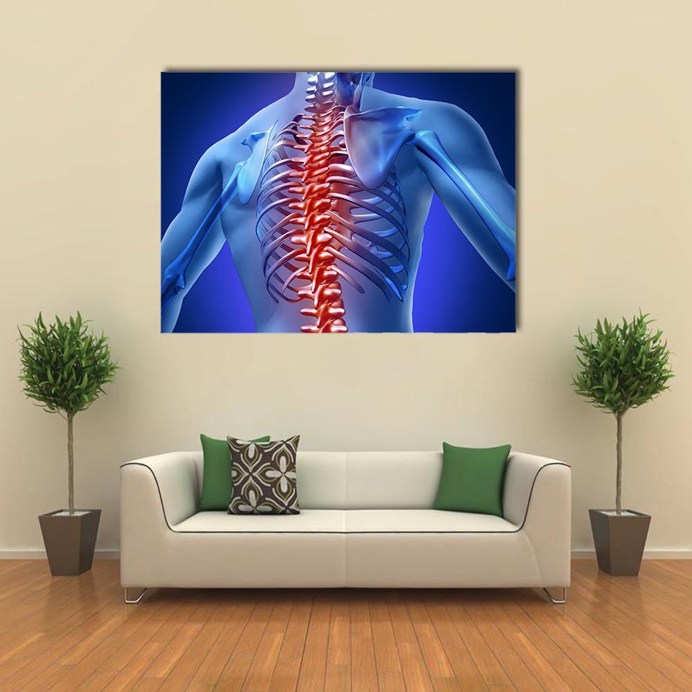 Glowing Red Spine Anatomy Illustration Canvas Wall Art in red and blue, single panel hung on a wall