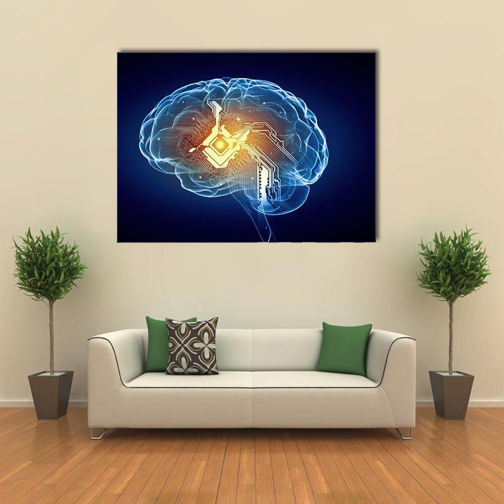 Glowing Circuit Brain Canvas Wall Art in black, orange and blue, single panel hung on a wall